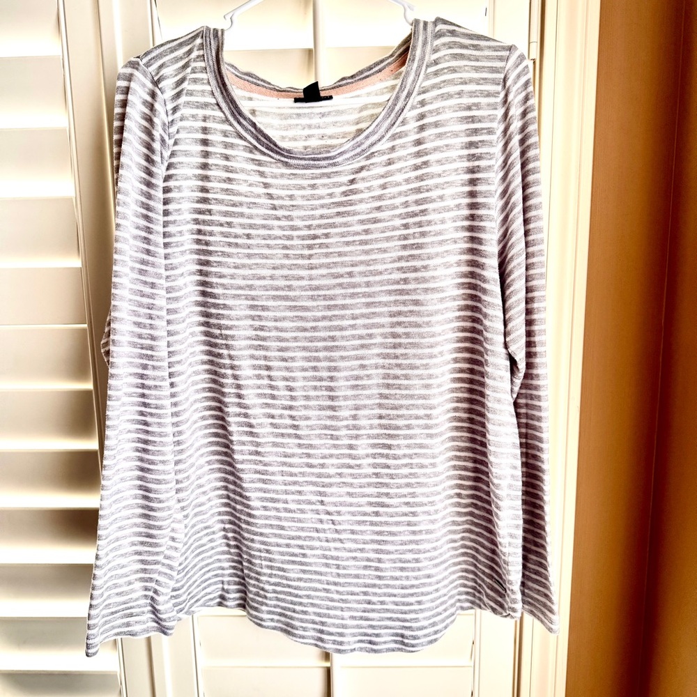 Tahari Striped Long Sleeve Top Grey‎ White Crew Neck XL WA1676-060-TSA